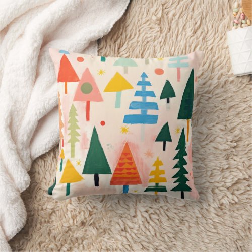 Colorful Bold Retro Abstract Christmas Landscape Throw Pillow