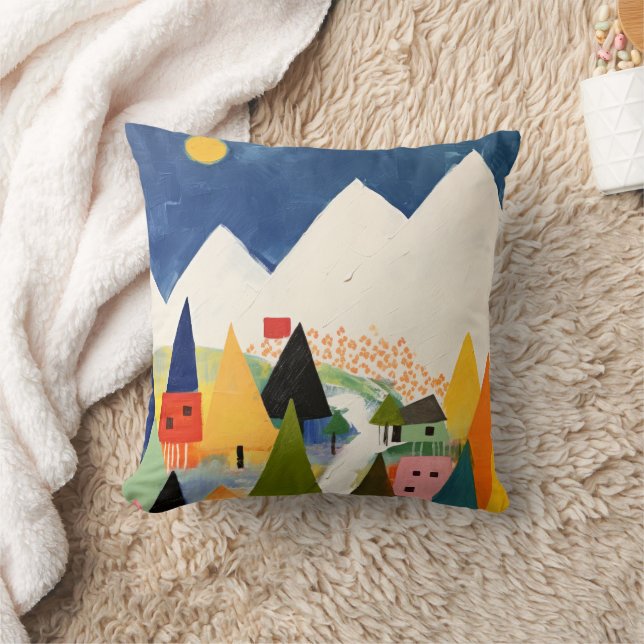 Colorful Bold Retro Abstract Christmas Landscape Throw Pillow (Blanket)