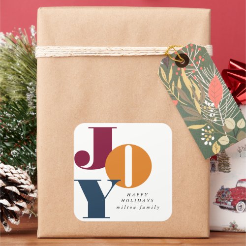 Colorful Bold Script Joy Holiday  Square Sticker