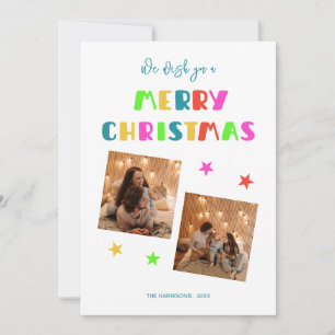 Colorful Bold Script Merry Christmas Two Photos  Holiday Card