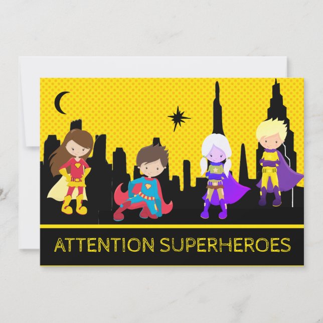 *~*  Colorful Bold SUPERHEROS Kids Birthday Party Invitation (Front)