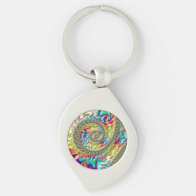 Colorful Bold Vibrant Groovy Trippy Fractal Spiral Keychain (Front)