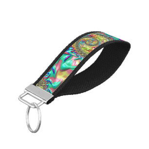 Colorful Bold Vibrant Groovy Trippy Fractal Spiral Wrist Keychain