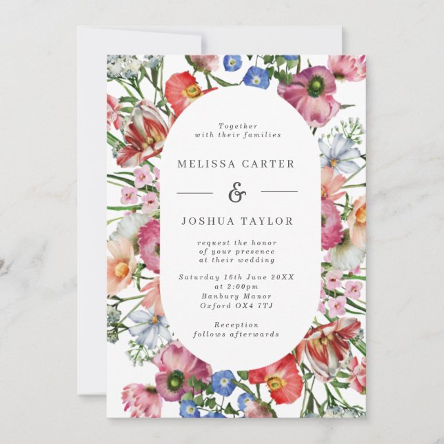 Colorful Bold Waterflowers Pill Frame Wedding Invitation (Front)