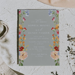 Colorful Bold Wildflowers Sage Wedding Invitation