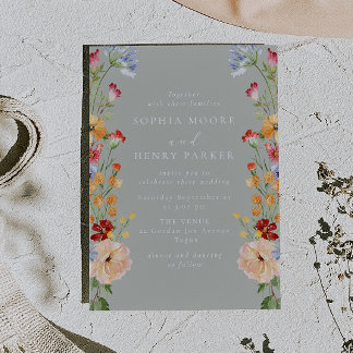 Colorful Bold Wildflowers Sage Wedding Invitation