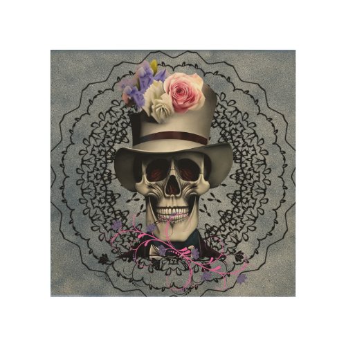 colorful bones and botany skull with flowers     wood wall art