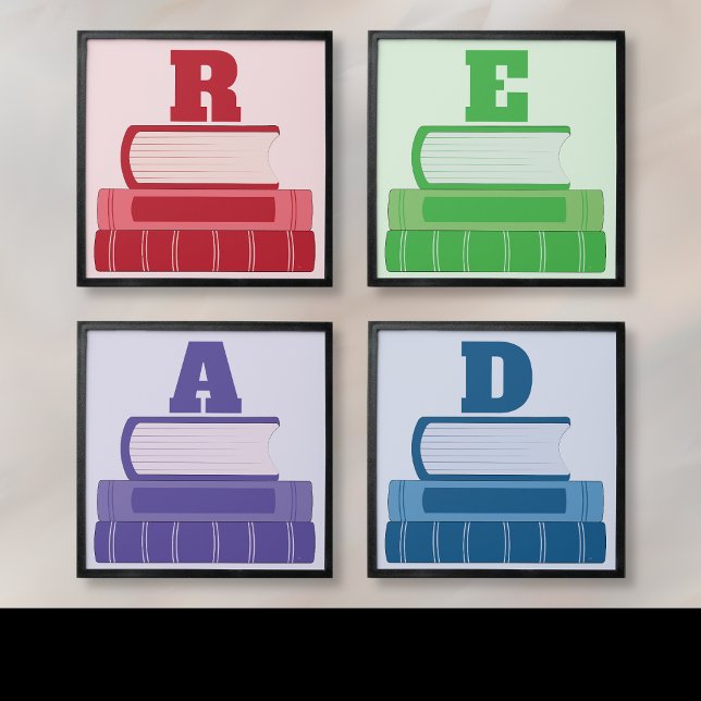 Colorful Books Read Letters Wall Art Tile (Colorful books reading corner wall art tile set .)