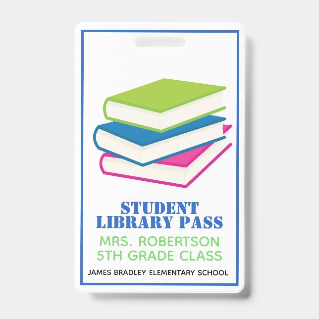 Colorful Books School Library Hall Pass Badge (Front)