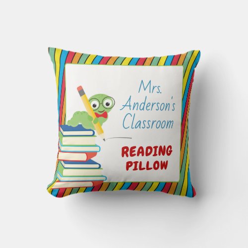Colorful Bookworm Classroom Reading Throw Pillow