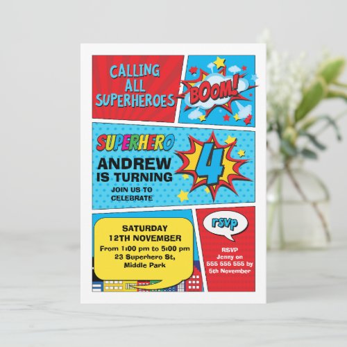 Colorful Boom Superhero 4th Birthday Invitation