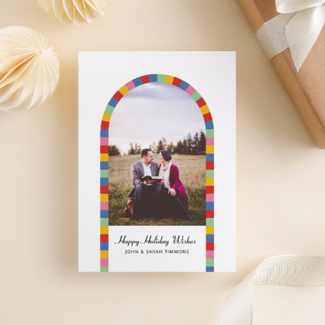 Colorful Border Arch Photo Christmas Holiday  (custom colored arched border of colorful squares one photo Christmas holiday card)