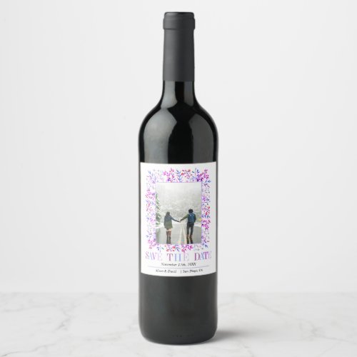 Colorful border lavender winter Save the Date Wine Label