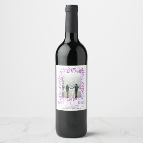 Colorful border purple winter Save the Date Wine Label