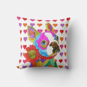Colorful Boston Terrier Heart Throw Pillow
