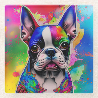 Colorful Boston Terrier Paint Splashes Glass Coaster
