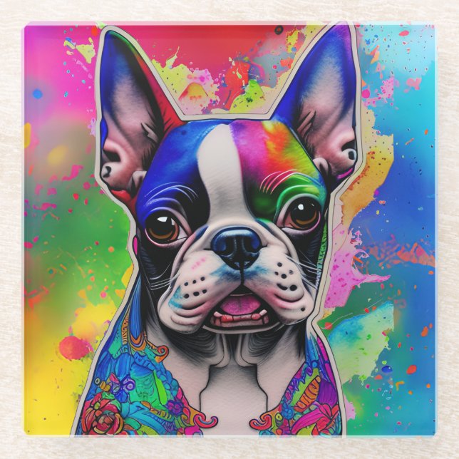 Colorful Boston Terrier Paint Splashes Glass Coaster (Front)