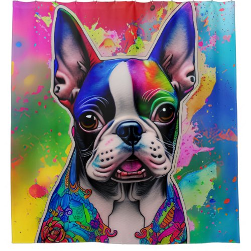 Colorful Boston Terrier Paint Splashes Shower Curtain