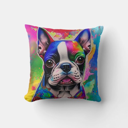 Colorful Boston Terrier Paint Splashes Square Throw Pillow