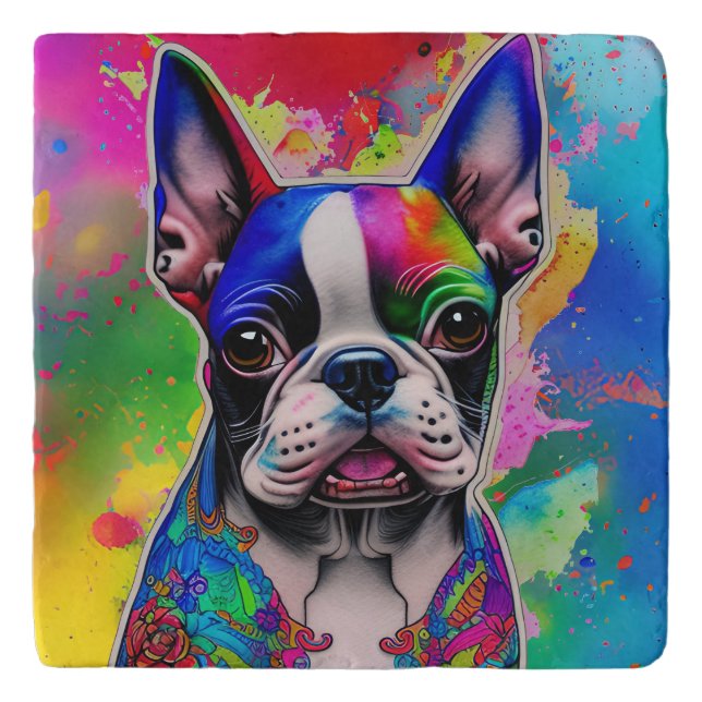 Colorful Boston Terrier Paint Splashes Trivet (Front)