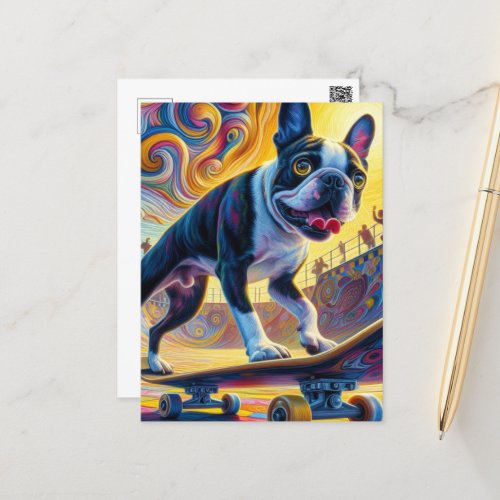 Colorful Boston Terrier Skateboarding Postcard