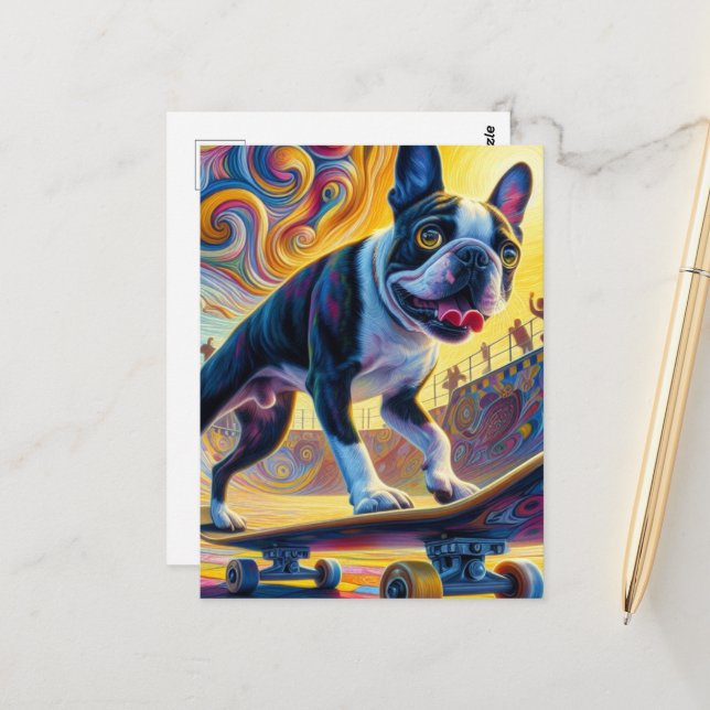 Colorful Boston Terrier Skateboarding Postcard (Front/Back In Situ)