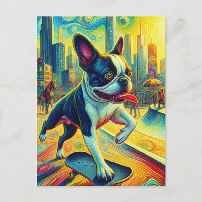 Colorful Boston Terrier Skateboarding Surreal Art Postcard (Front)