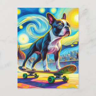 Colorful Boston Terrier Skateboarding Van Gogh Postcard