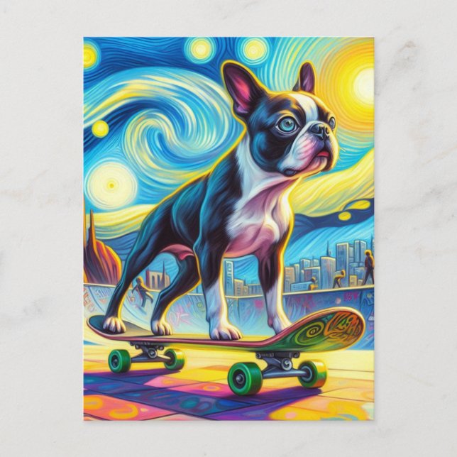 Colorful Boston Terrier Skateboarding Van Gogh Postcard (Front)