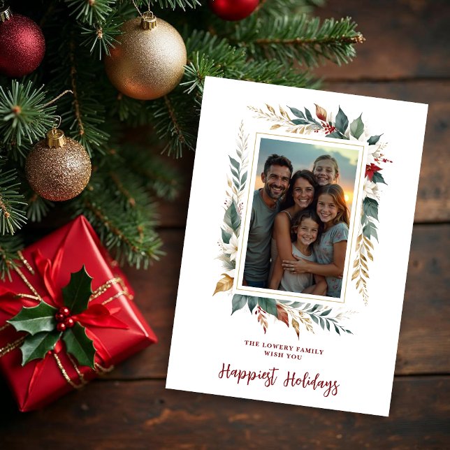 Colorful Botanical Christmas Frame Photo Family Holiday Card (Elegant Colorful Botanical Christmas Frame Photo Family Holiday Cards.)