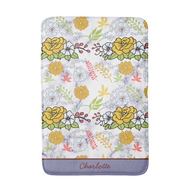 Colorful botanical floral pattern personalized bath mat (Front Vertical)
