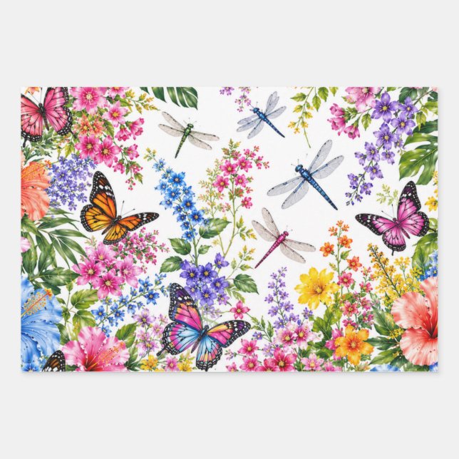 Colorful Botanical Floral Pattern Wrapping Paper Sheets (Front)