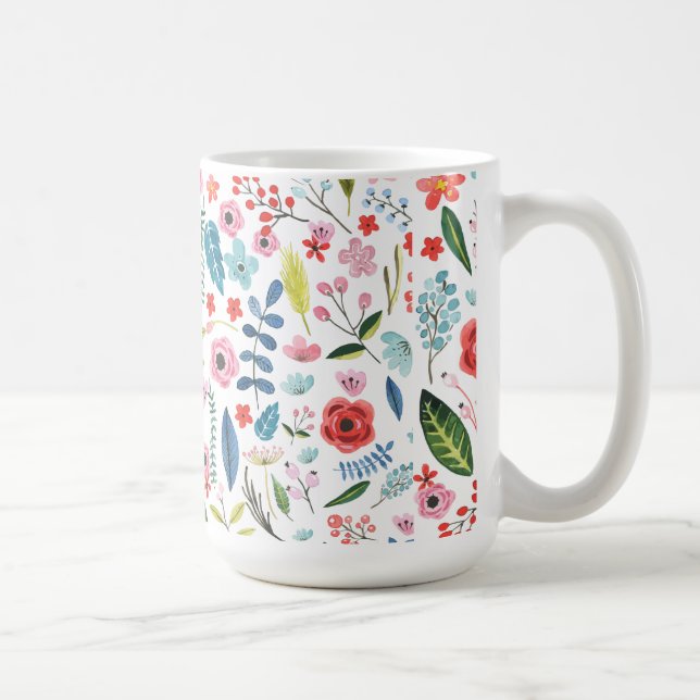 Colorful Botanical Flowers & Leafs Pattern Coffee Mug (Right)