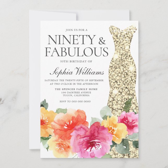 Colorful Botanical Gold Dress 90th Birthday Party Invitation (Front)