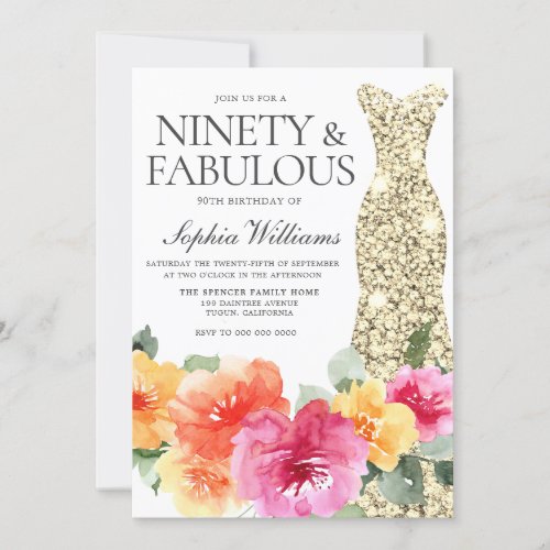 Colorful Botanical Gold Dress 90th Birthday Party Invitation