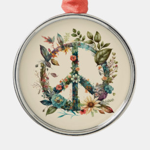 Colorful Botanical Peace Symbol Hippie Style Metal Ornament