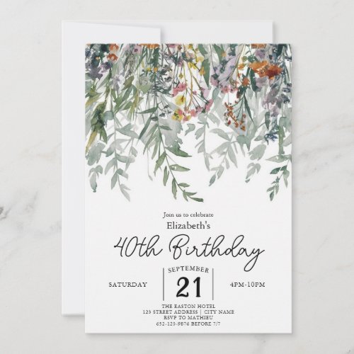 Colorful Botanical Wildflowers 40th birthday Invitation
