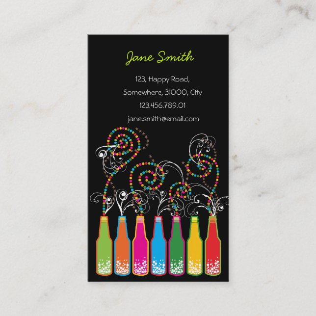 Colorful Bottles Bubbles Pop Fun Party Celebration Business Card (Front)