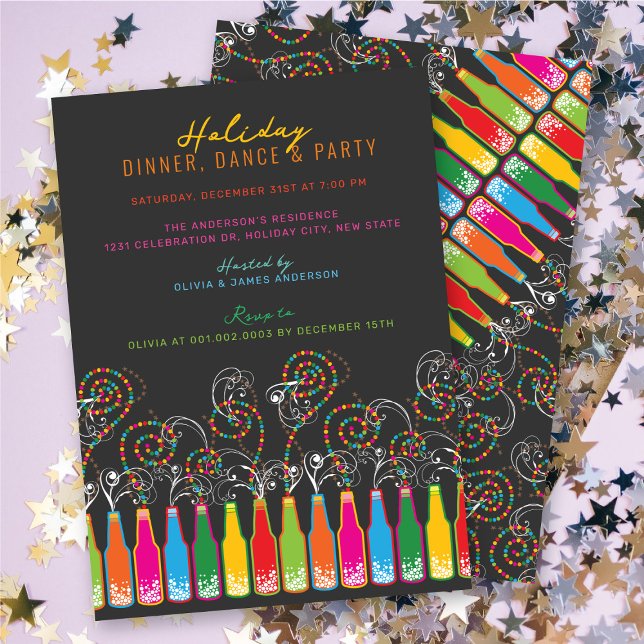 Colorful Bottles Bubbly Celebrations Holiday Party Invitation (Colorful Bottles Bubbly Celebrations Holiday Party Invitation @ fat_fa_tin)