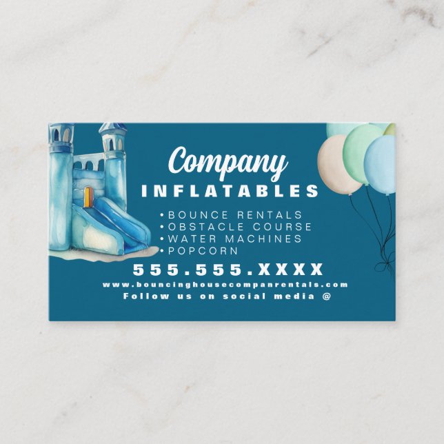 Colorful Bouncy House Party Watercolor Blue Business Card (Front)