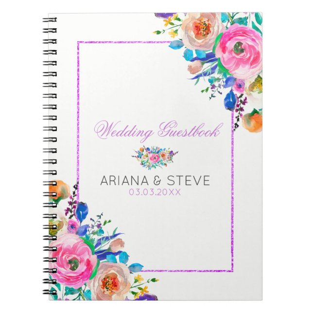 Colorful Bouquet And Purple Glitter Frame Notebook (Front)