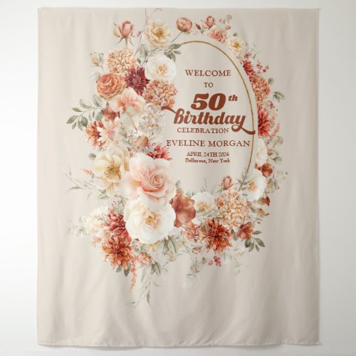 Colorful bouquet terracotta blush 50th birthday tapestry