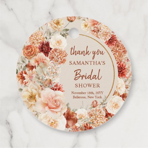 Colorful bouquet terracotta blush and sage floral favor tags