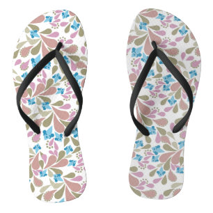 Colorful bouquets of retro flowers on white flip flops