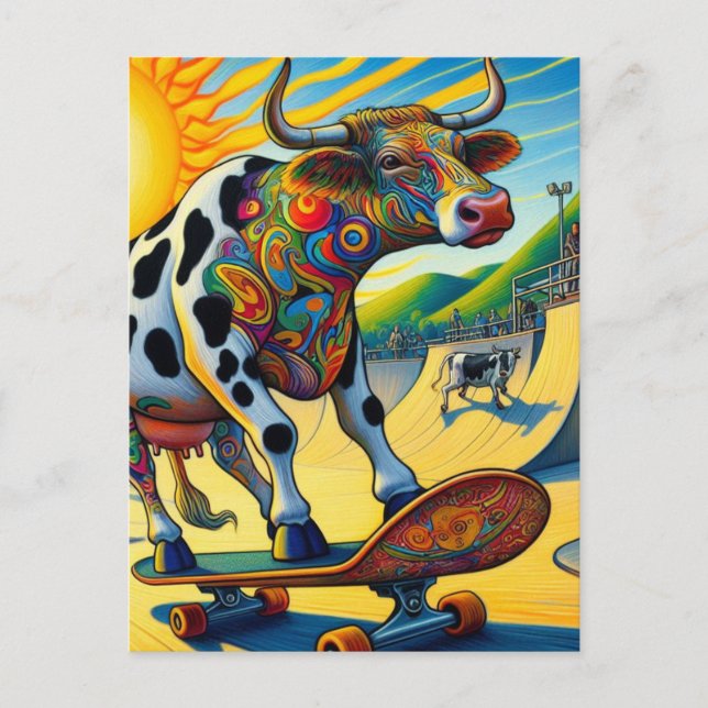 Colorful Bovine Skateboarding  Postcard (Front)