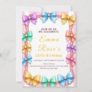 Colorful Bow 12th Birthday Party Invitation