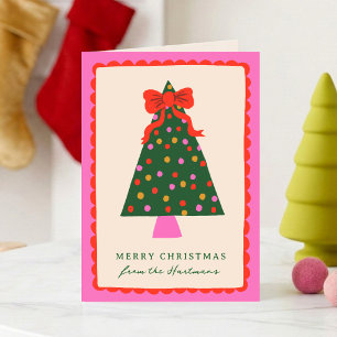 Colorful Bow Christmas Tree Scallop Frame Folded Holiday Card