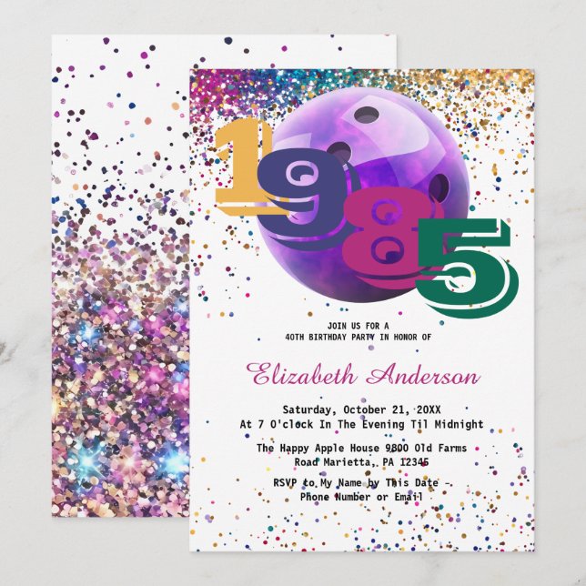 Colorful Bowling 1985 40th Birthday Party Custom Invitation (Front/Back)