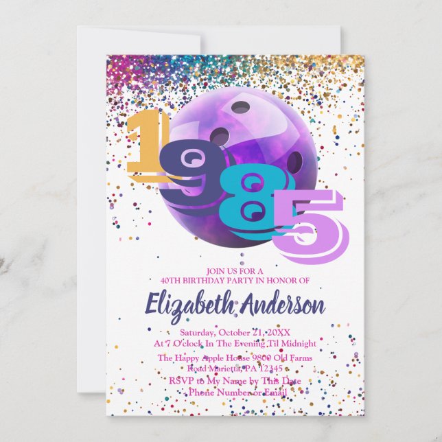 Colorful Bowling 1985 40th Birthday Party Custom Invitation (Front)