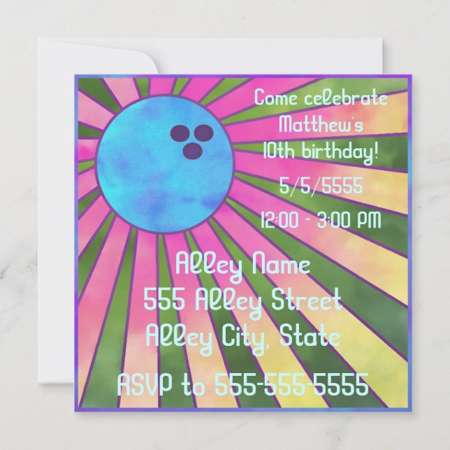 Colorful Bowling Birthday Party Invite Retro 80s (Front)